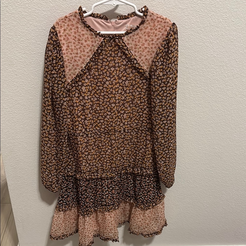 GB Girls Floral Ruffle Dress in Pink and Brown